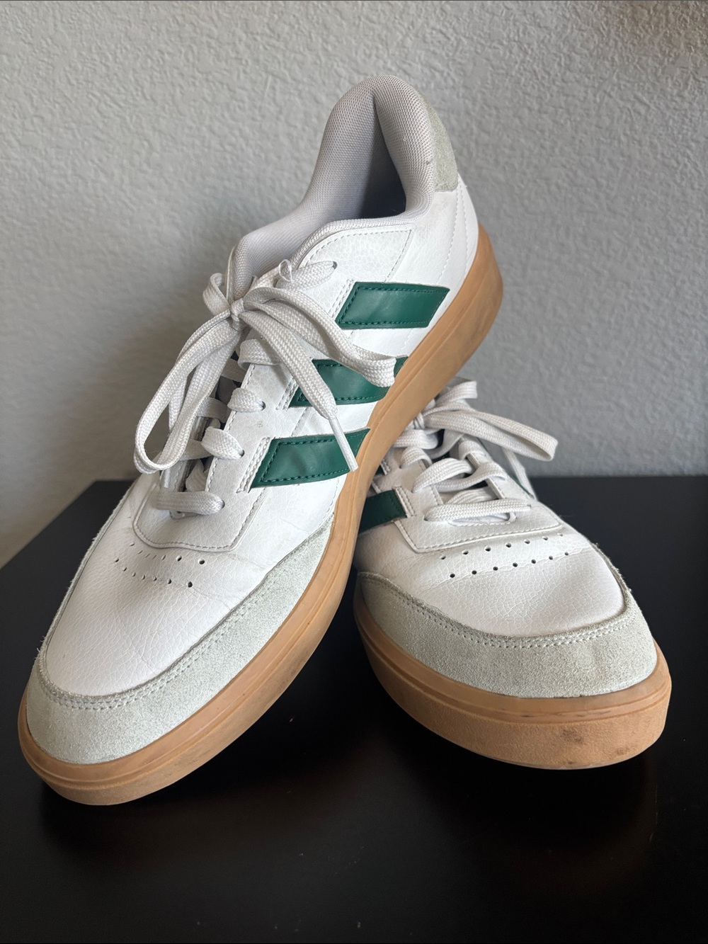 adidas White Low-Top Sneakers with Green Stripes and Gum Sole